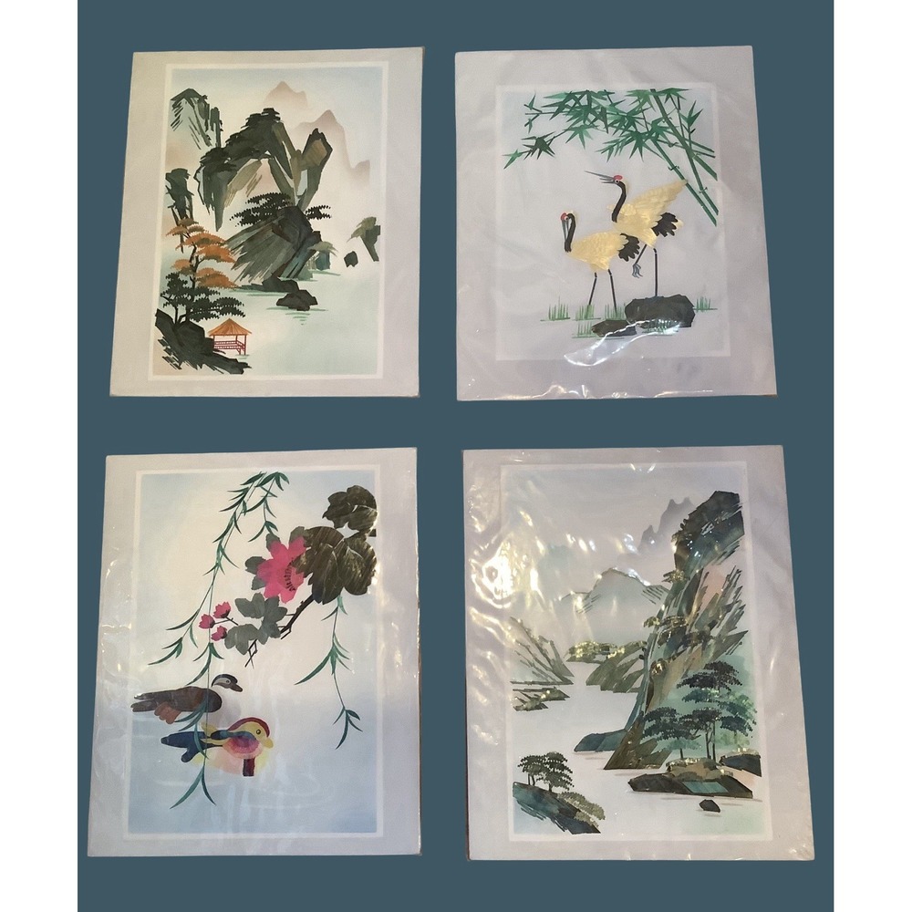 Wheat Stalk On Silk Hand Cut & Painted Chinese Art 4 Pictures 9x11 Art No HE36.4